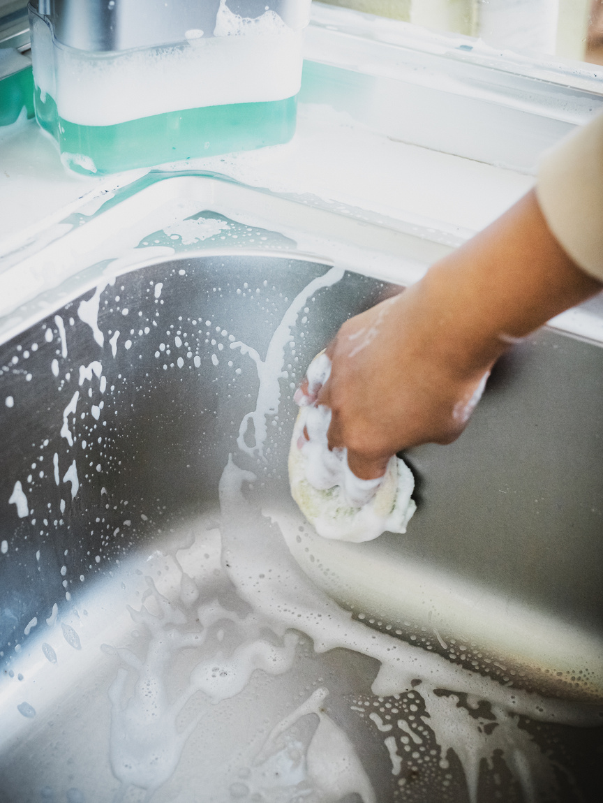 Cleaner Washing the Kitchen Sink